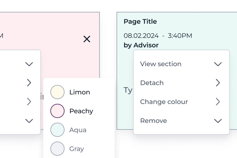 Sticky note colour picker beside its View section, Detach, Change colour and Remove menu