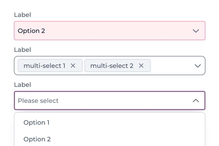 Dropdown input states: a single select, a multi select with removable chips and an open option list