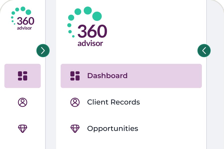360 advisor left navigation shown collapsed to icons and expanded with labels