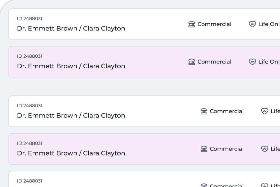 Client records data grid with alternating rows, reference numbers and policy type columns