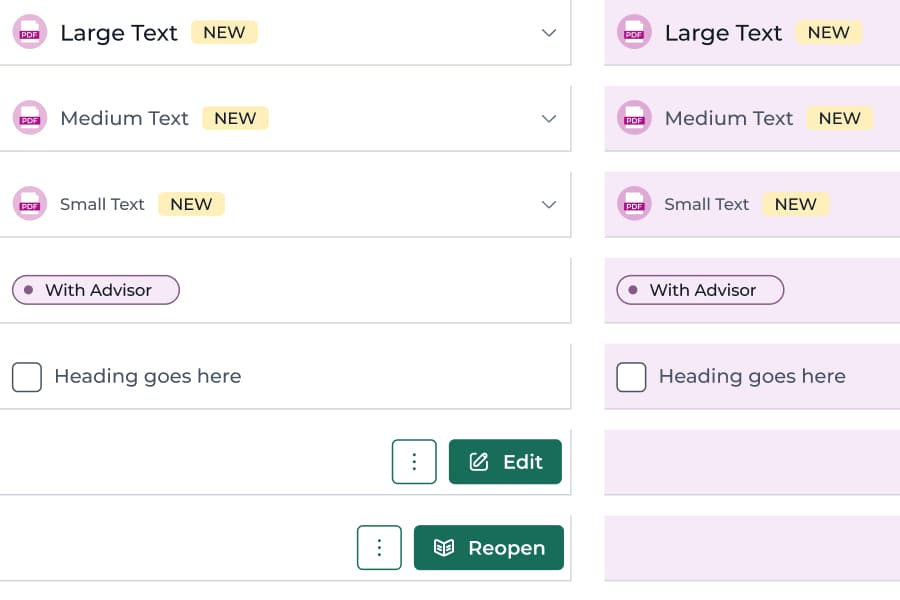 Table rows with NEW badges, With Advisor status chips and Edit and Reopen row actions