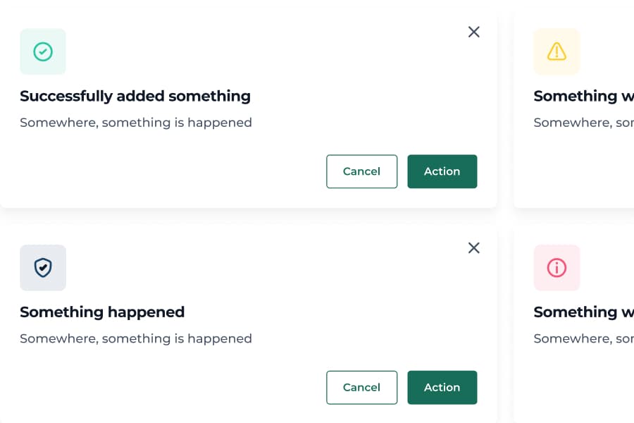Toast dialogues for success, information, warning and error, each with Cancel and Action buttons