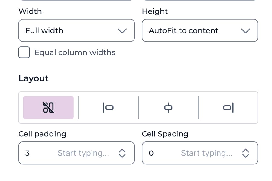 Insert table panel with width, height, layout, cell padding and cell spacing controls