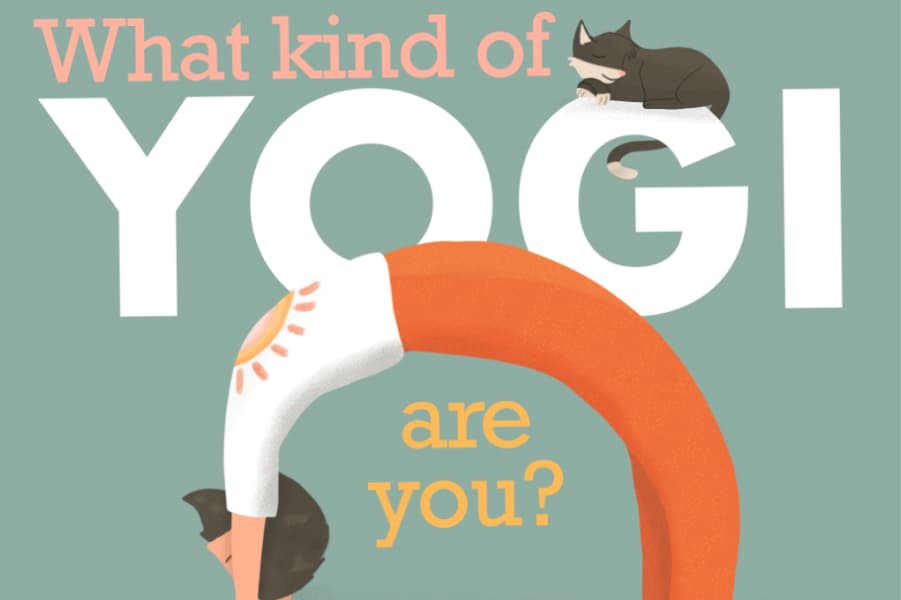 Title card for the What Kind of Yogi Are You series, a figure in a backbend on a sage green ground