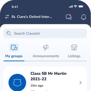 Classlist My groups tab listing a parent's class groups with unread counts