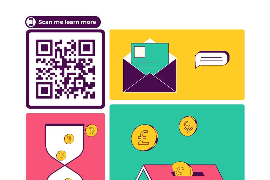 360 Lifecycle campaign flyer: a Scan me QR code beside an open envelope, an hourglass and pound coins, drawn in the refreshed brand illustration style.