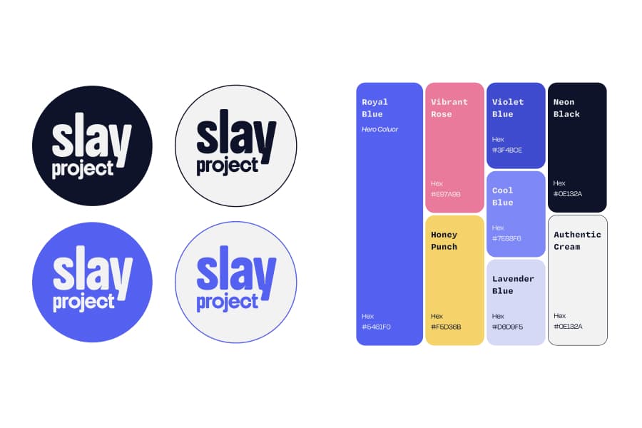 Slay Project logo in four colourways beside the brand colour palette