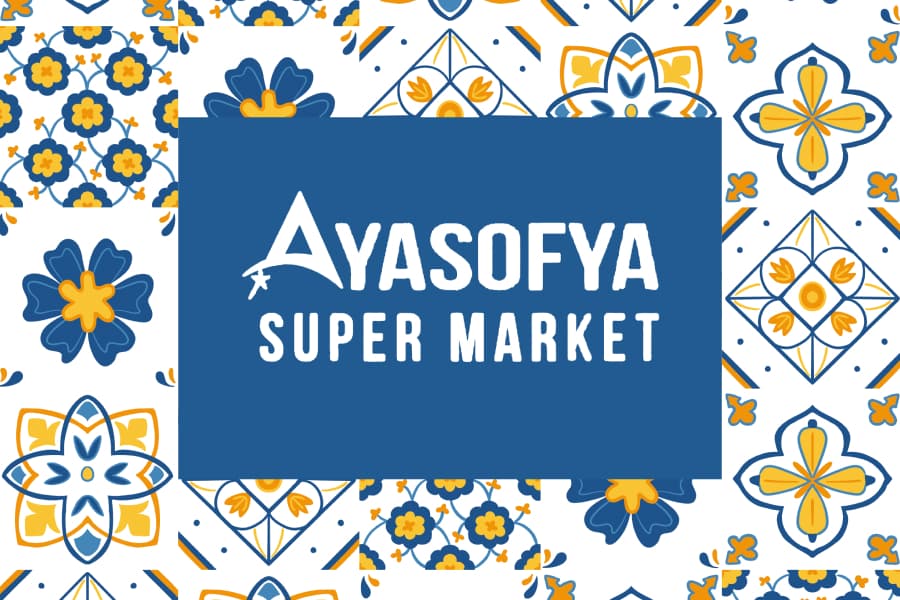 Ayasofya Super Market logo on a field of blue and yellow tile pattern