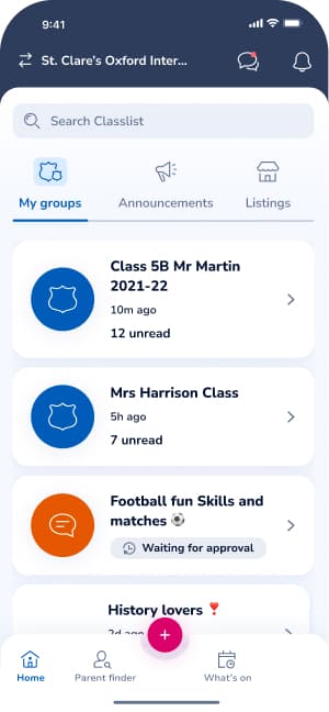 Classlist My groups tab listing a parent's class groups with unread counts