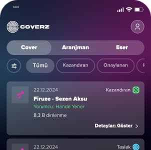 Coverz My Music screen listing an artist's cover versions with their status and next action