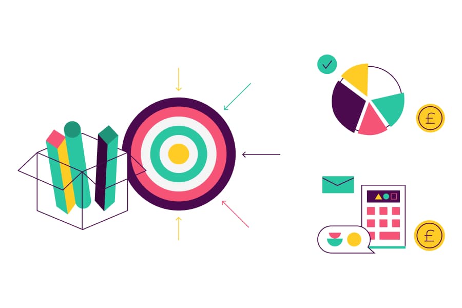 360 Lifecycle brand illustrations: a target, a pie chart, a calculator and an envelope