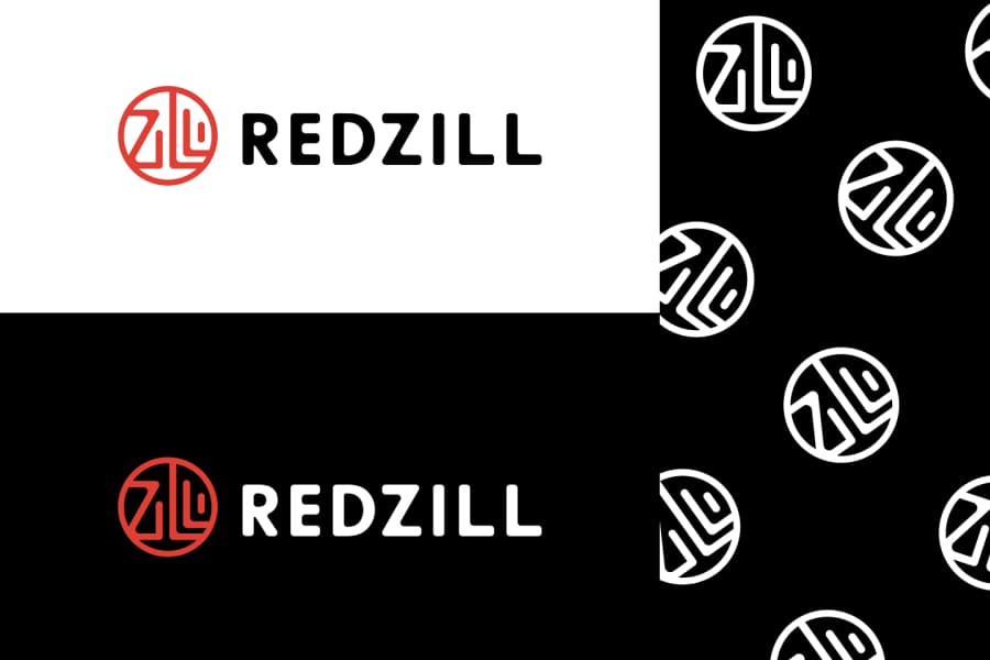 Redzill logo lockup set on white and on black beside the repeating mark