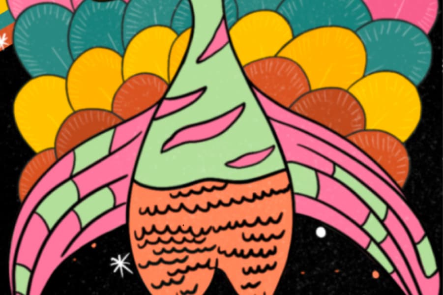 A peacock illustration under a rainbow arch with the words stay weird, normal is boring