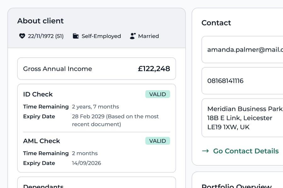 360 Advisor client summary showing date of birth, employment and marital status, gross annual income, ID and AML check validity, dependants and contact details.
