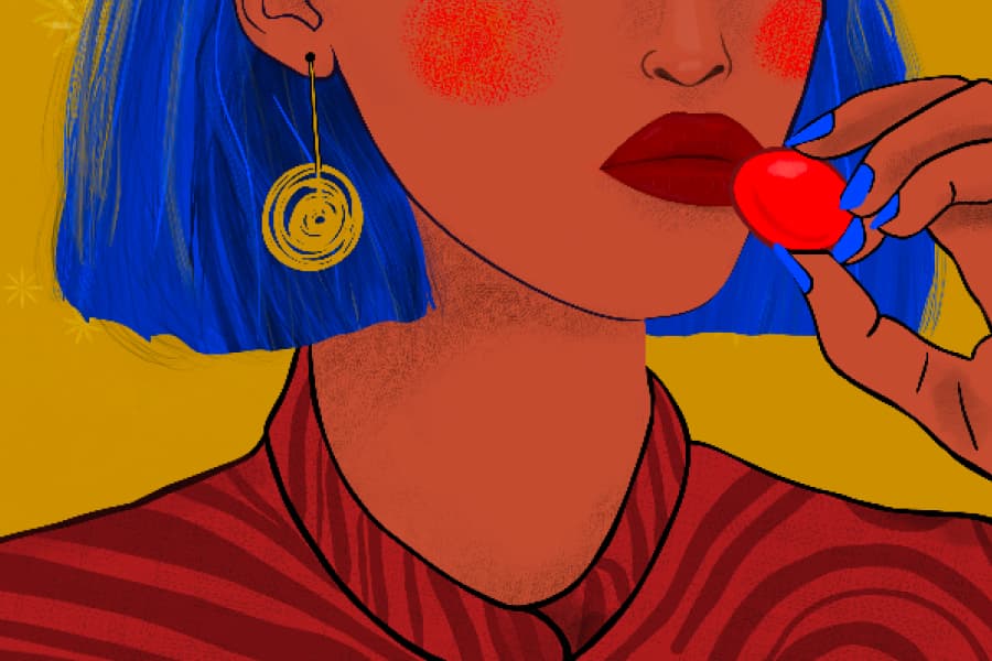 Illustration of a woman with blue hair eating a berry, surrounded by oversized fruit