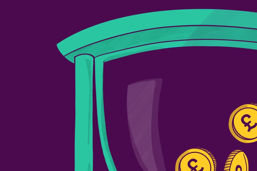 360 Lifecycle campaign flyer: a teal hourglass with pound coins falling through it on a midnight purple ground.