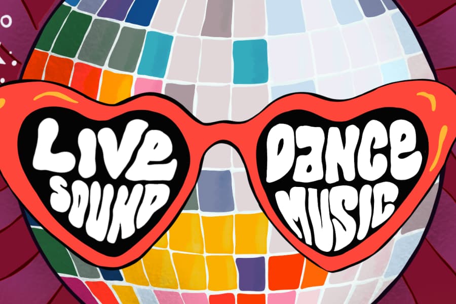 Gig poster for the band Mutlaka, a disco ball wearing heart-shaped sunglasses