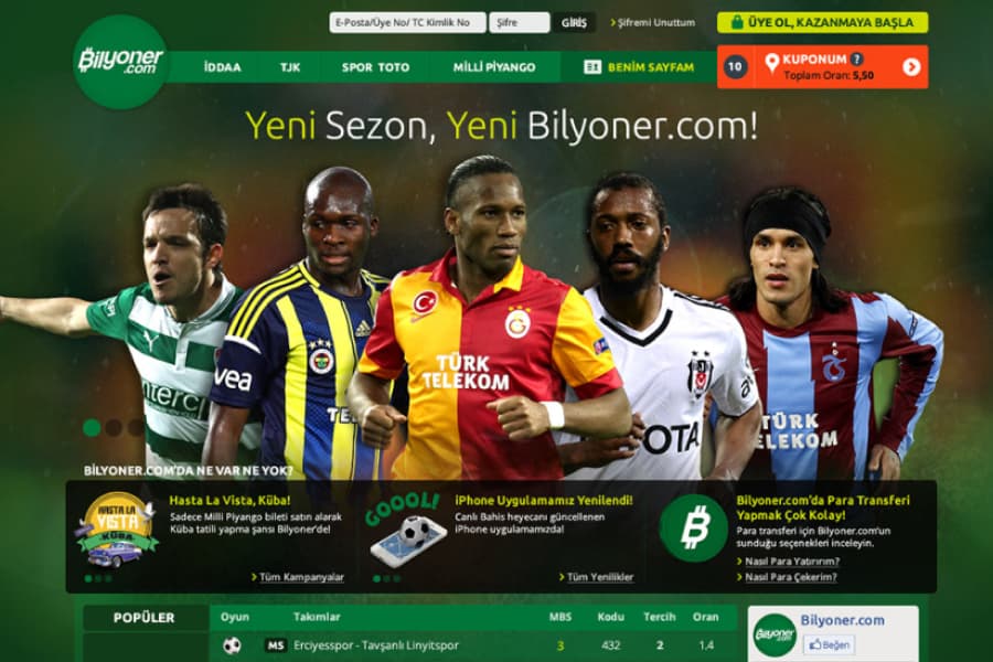 Bilyoner.com season launch homepage with footballers across the header