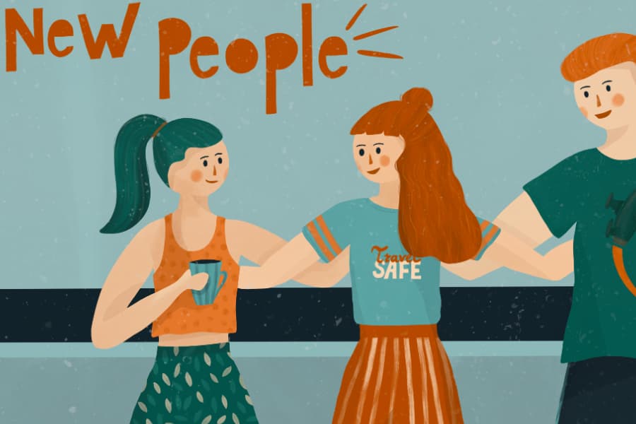 Illustration of three friends meeting over drinks, from the Sometimes Meet New People series