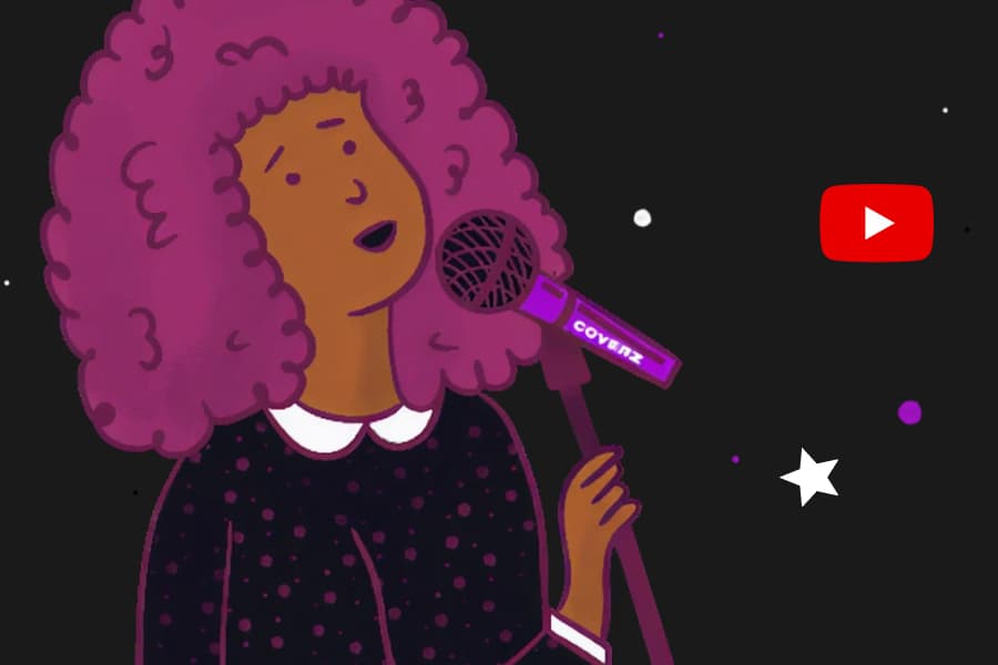 Coverz onboarding illustration of a singer at a microphone stand under a shower of confetti