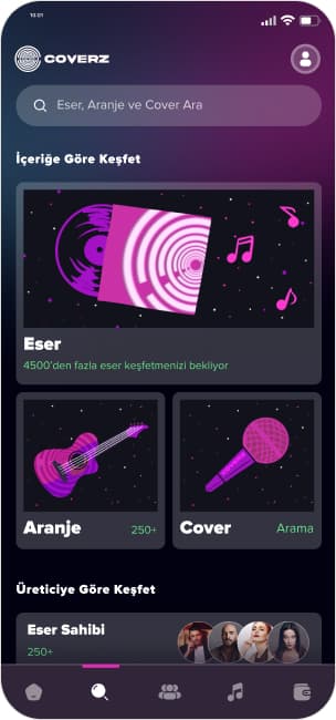 Coverz discovery screen with search, genre artwork and browsing by rights holder