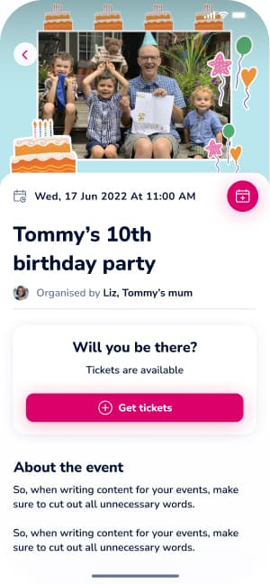 Classlist event page for a children's birthday party with the ticket and RSVP action