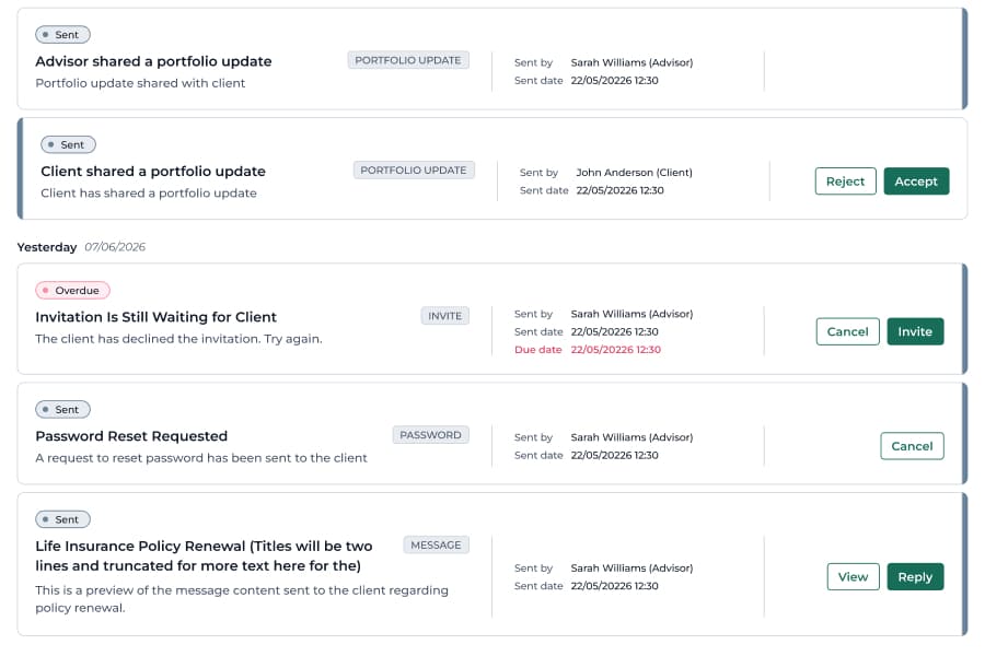 360 Advisor activity feed showing shared portfolio updates, an overdue client invitation, a password reset request and a policy renewal message.