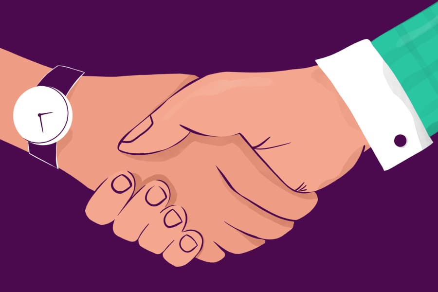 360 Lifecycle campaign flyer: two hands shaking, drawn in the refreshed brand illustration style on a midnight purple ground.
