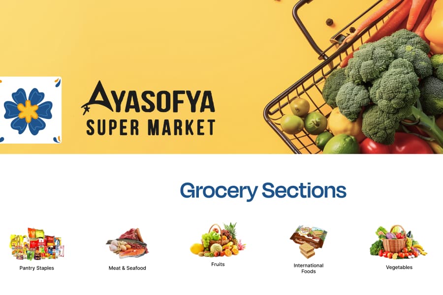 Ayasofya website concept with a grocery hero banner and a Grocery Sections grid