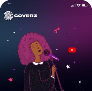 Coverz onboarding screen introducing cover licensing with an illustrated singer