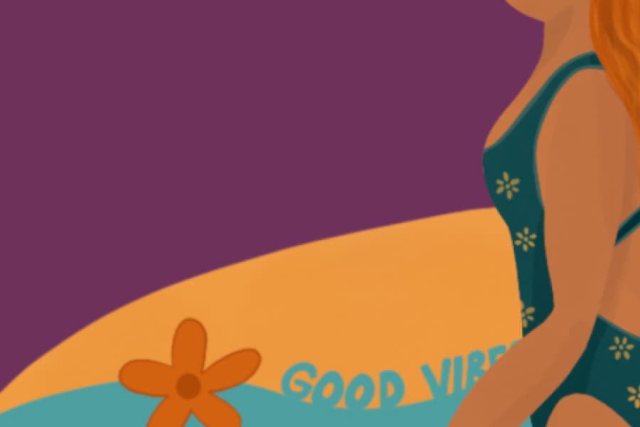 Character design study of a surfer in a patterned swimsuit carrying a board lettered Good Vibes