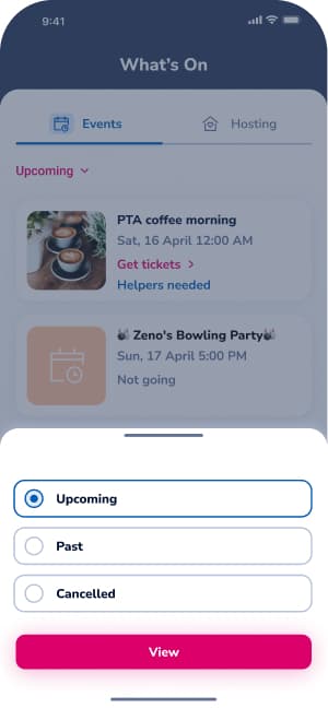 Classlist What's On screen filtering community events by upcoming, past and cancelled