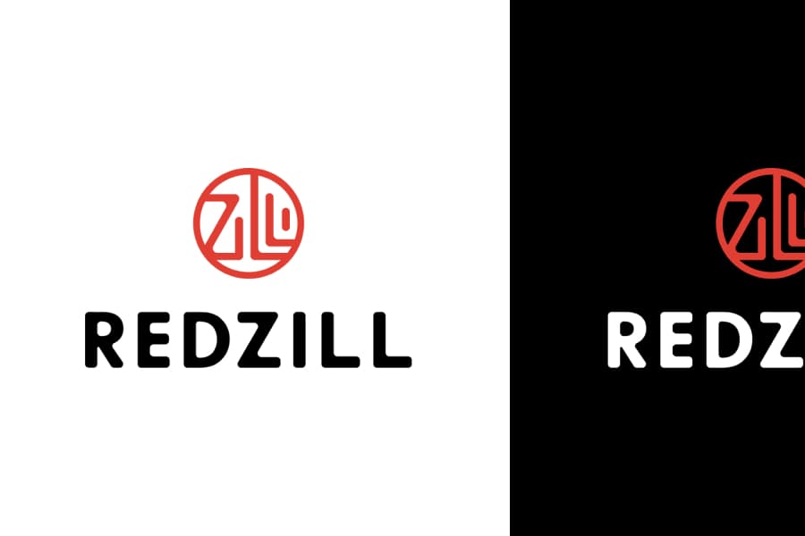Redzill wordmark set on white and on black