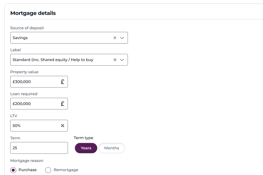 Mortgage details form in 360 Advisor with source of deposit, property value, loan required, loan to value, term and mortgage reason fields.