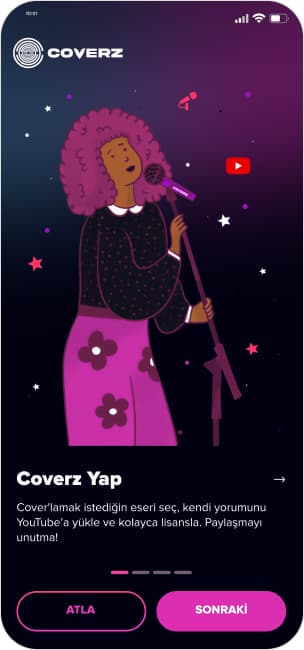 Coverz onboarding screen introducing cover licensing with an illustrated singer