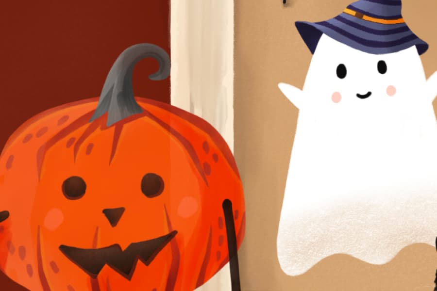 Halloween party scene with a jack-o'-lantern and a ghost in a witch's hat