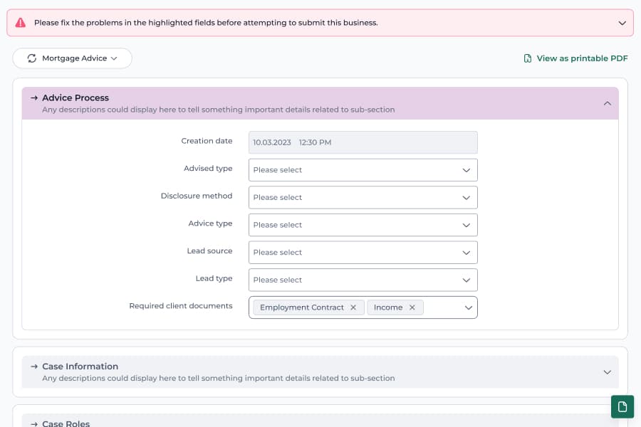 FactFind advice process form in 360 Advisor showing a validation error banner above collapsible advice process, case information and case roles sections.