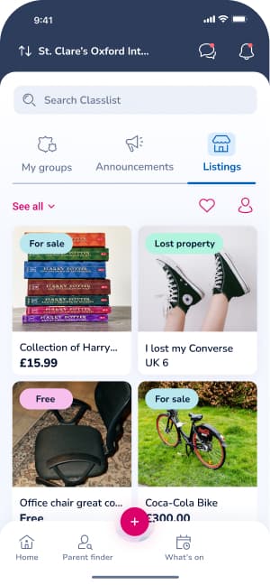 Classlist Listings marketplace showing items for sale and lost property in the school community