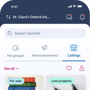 Classlist Listings marketplace showing items for sale and lost property in the school community