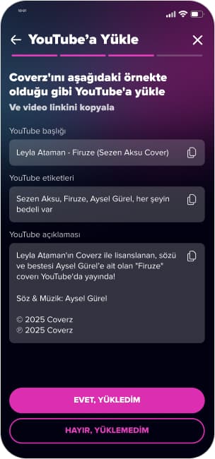 Coverz YouTube upload step with the prepared title, tags and description ready to copy