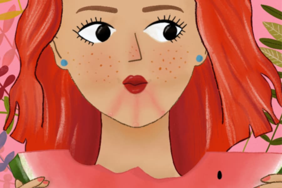 Illustration of a red-haired woman framed by leaves and flowers