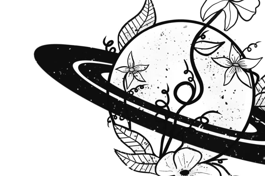 Line-art tattoo design of a ringed planet wreathed in flowers