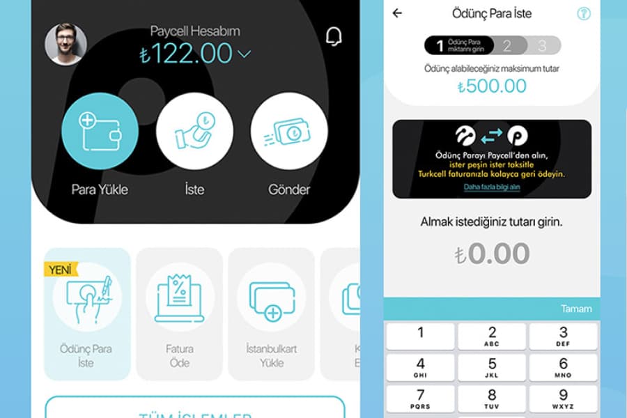 Paycell digital wallet app screens showing the account home and the borrow money flow