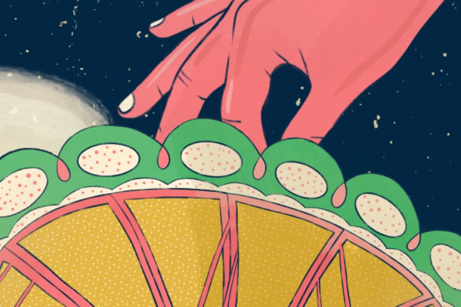 Fun fair illustration of a hand reaching over a wave swinger ride at night