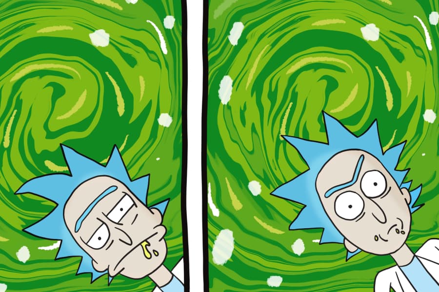 Comic panels of a character tumbling through a swirling green portal