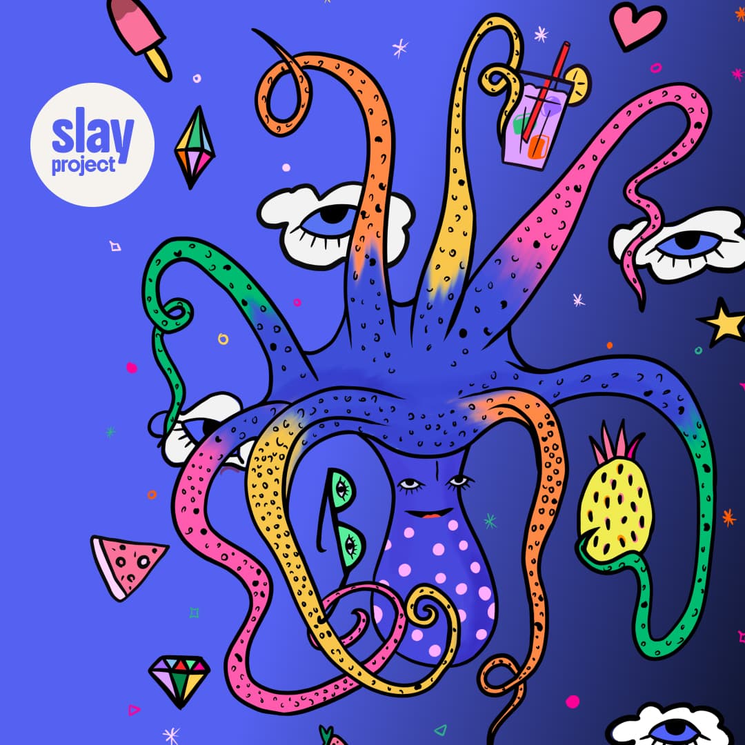 Slay Project artwork of an octopus surrounded by fruit, ice cream and diamonds on a blue ground