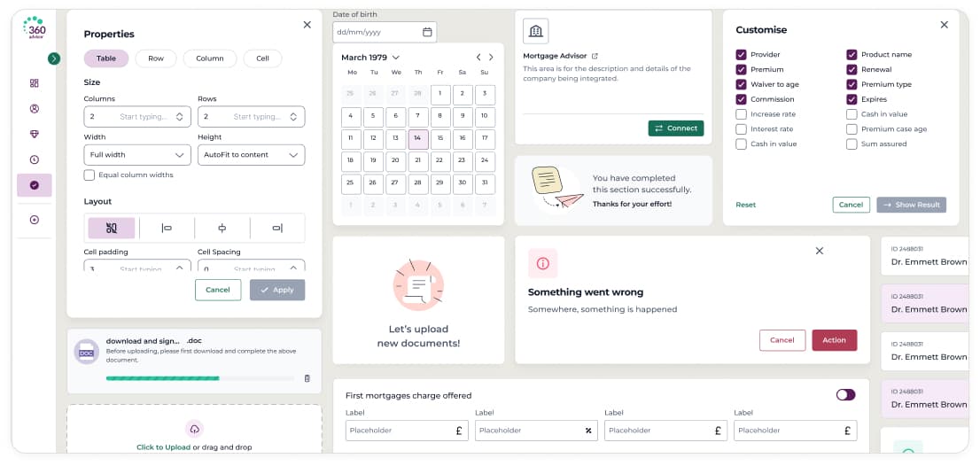 360 Advisor design library screens: a table properties panel, a date picker, an integration card, a column customise dialog, upload and error states, and a client data grid.