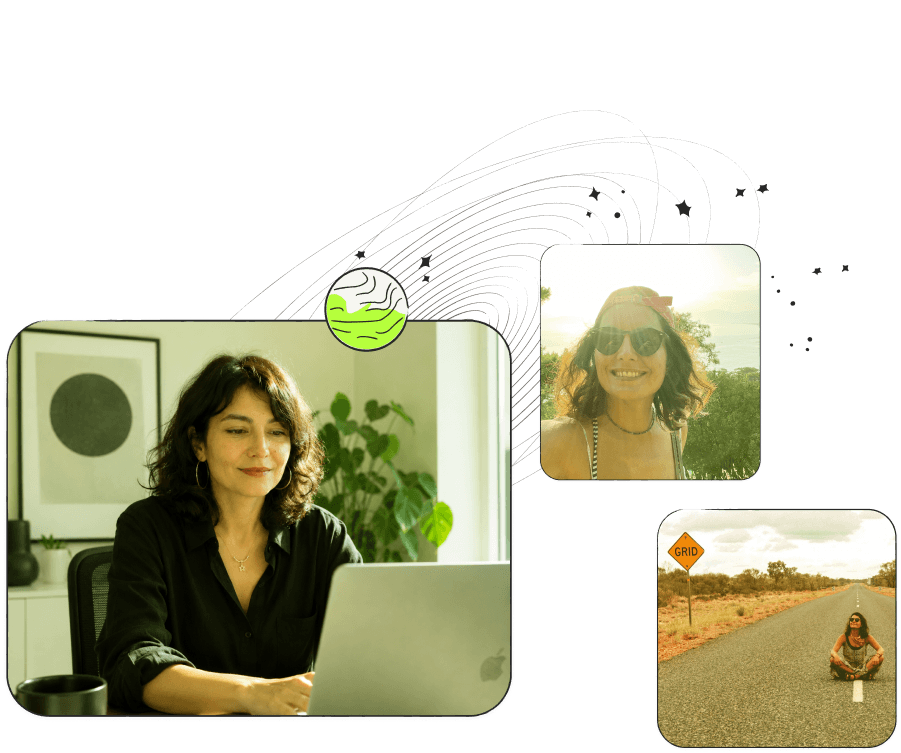 Photo collage of Zühal framed by an illustrated galaxy and planets