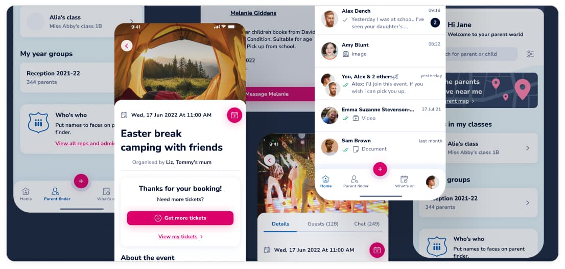 Collage of Classlist app screens: school groups, an event booking and parent messages
