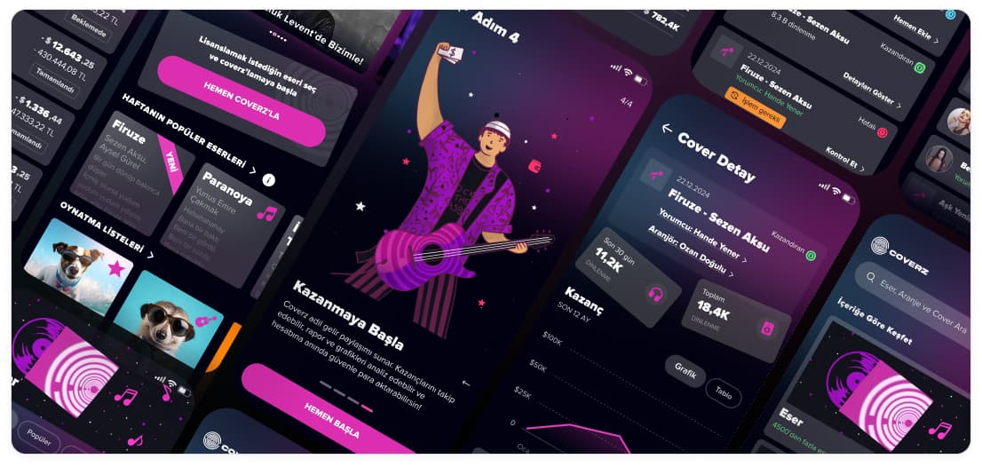 Collage of Coverz app screens: a player, an artist page and payment cards on a dark ground